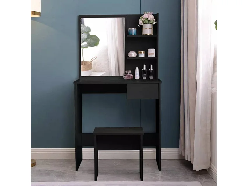 Tocador maquillaje negro con espejo, cajón y taburete Mayca Black