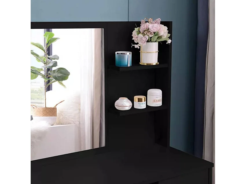 Tocador maquillaje negro con espejo, cajón y taburete Mayca Black