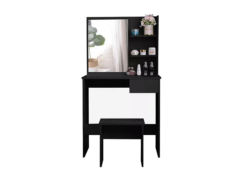 Tocador maquillaje negro con espejo, cajón y taburete Mayca Black