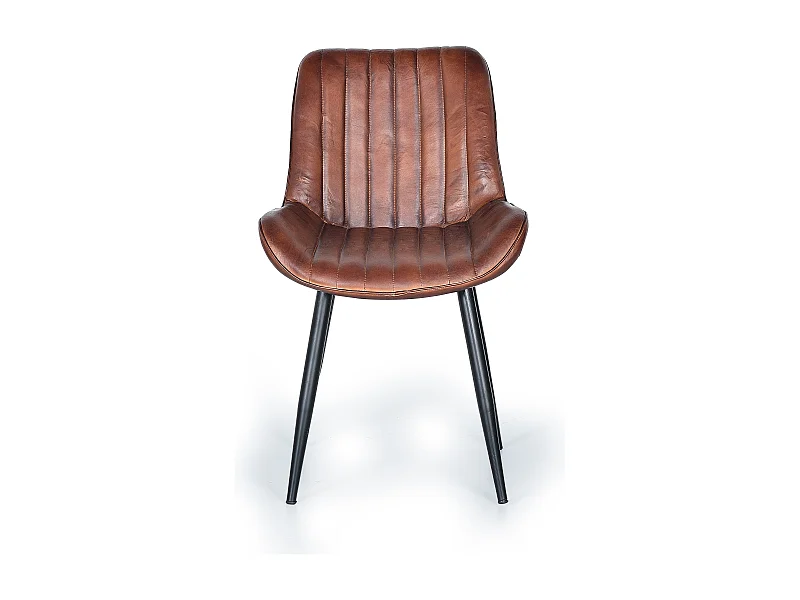 Silla de cuero marrón con patas de metal