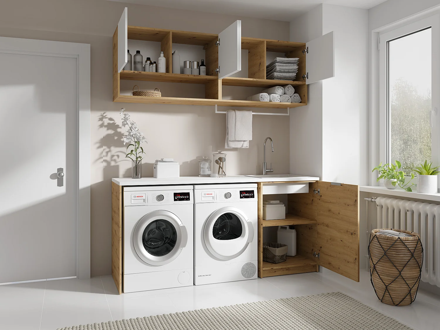 Meubles de buanderie pour machine à laver avec plan de travail - L182 cm -  Blanc et naturel clair - NATAJI