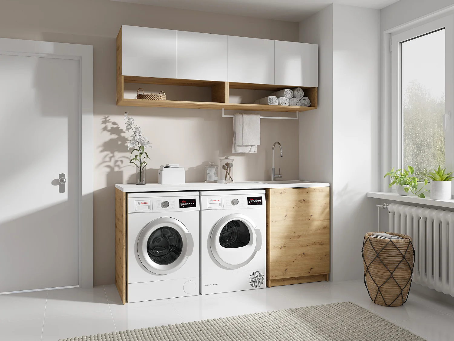 Mobili per lavanderia con lavatrice e piano di lavoro L182 cm Bianco e Naturale chiaro  - NATAJI