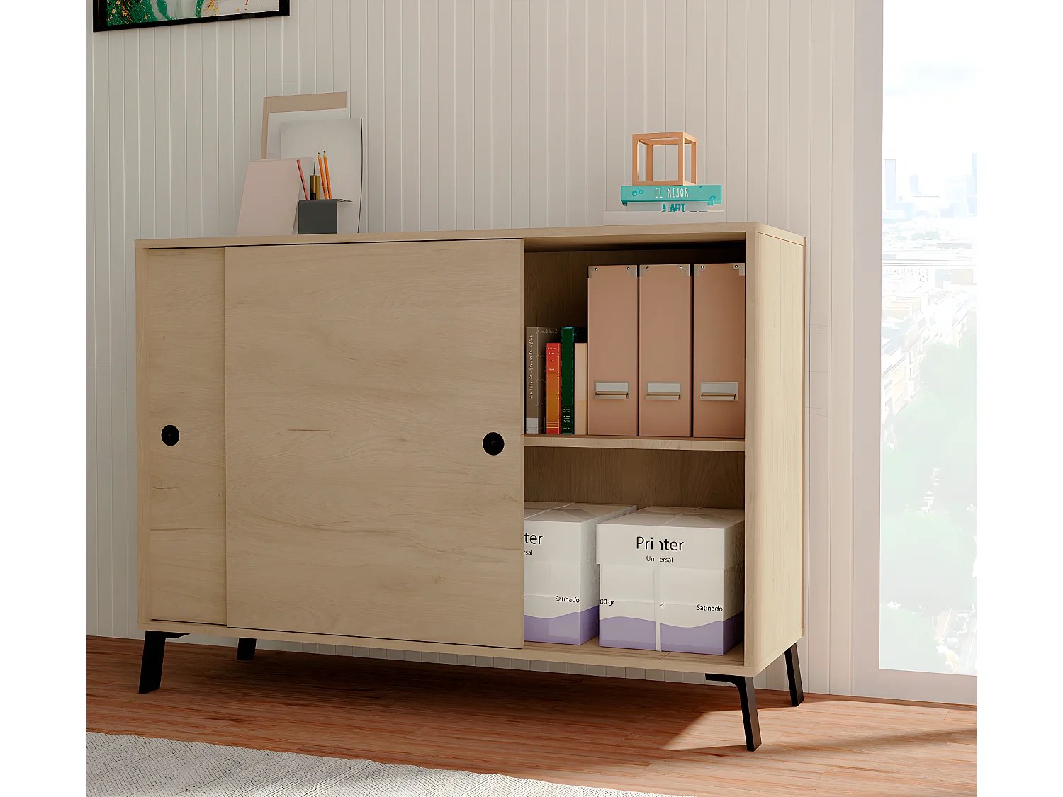 Aparador 2 puertas color efecto madera - Altura 87 x Longitud 120 x Profundidad 40 cm