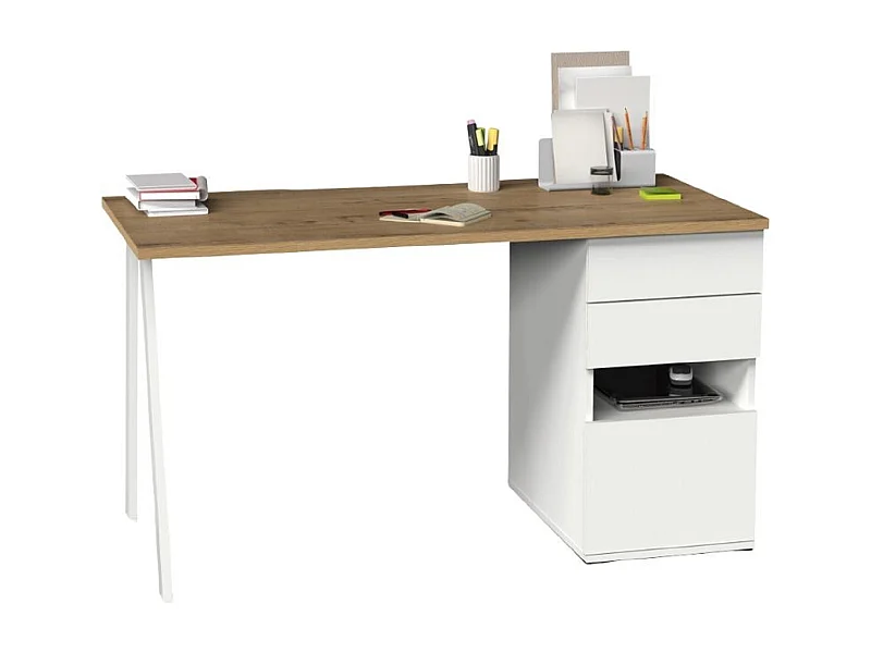 Escritorio, Mesa de Ordenador en aglomerado acabado Roble dorado con pies de metal Blanco - Longitud 137.5 x Profundidad 67 x Altura 76 cm
