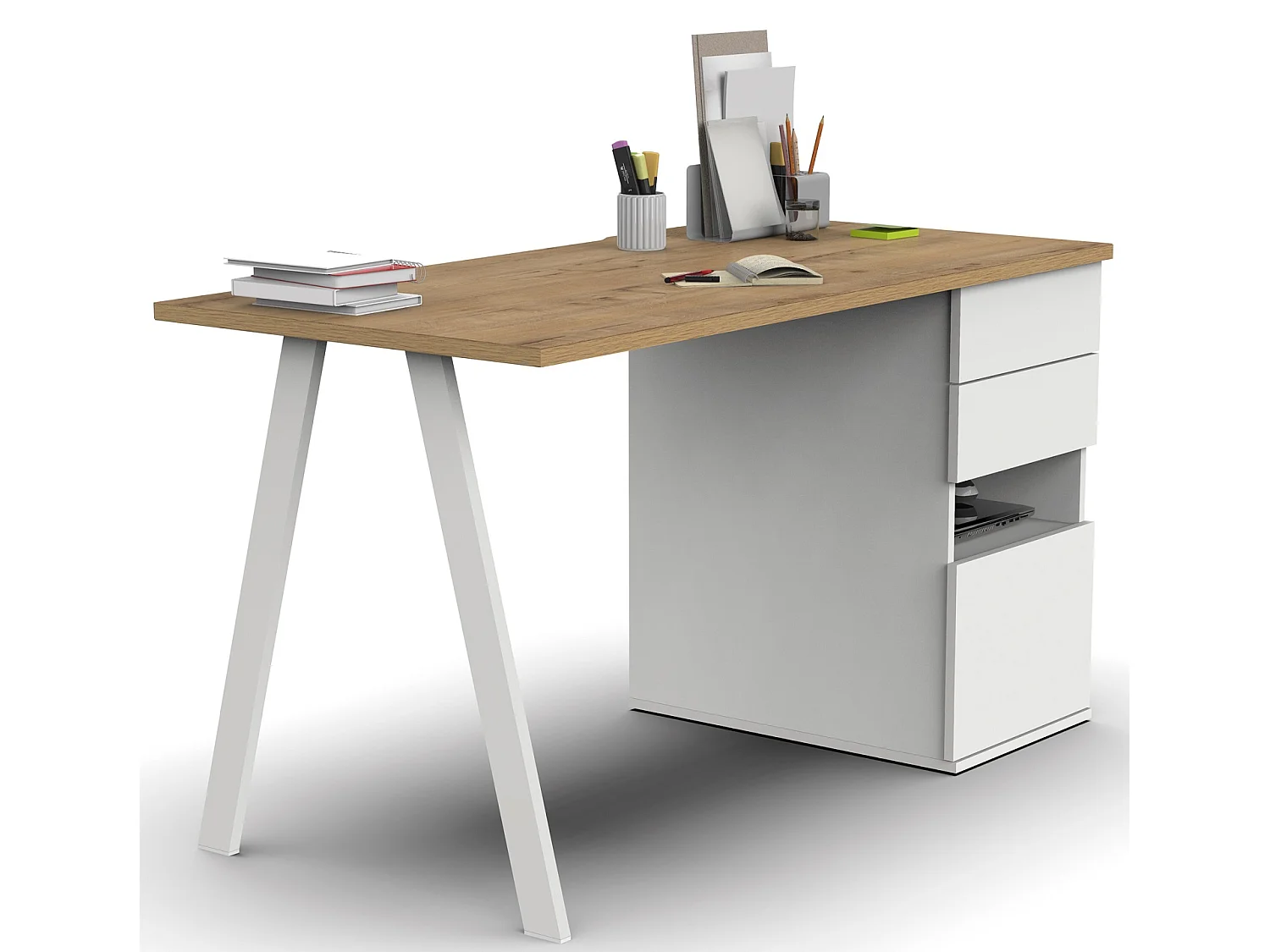 Escritorio, Mesa de Ordenador en aglomerado acabado Roble dorado con pies de metal Blanco - Longitud 137.5 x Profundidad 67 x Altura 76 cm