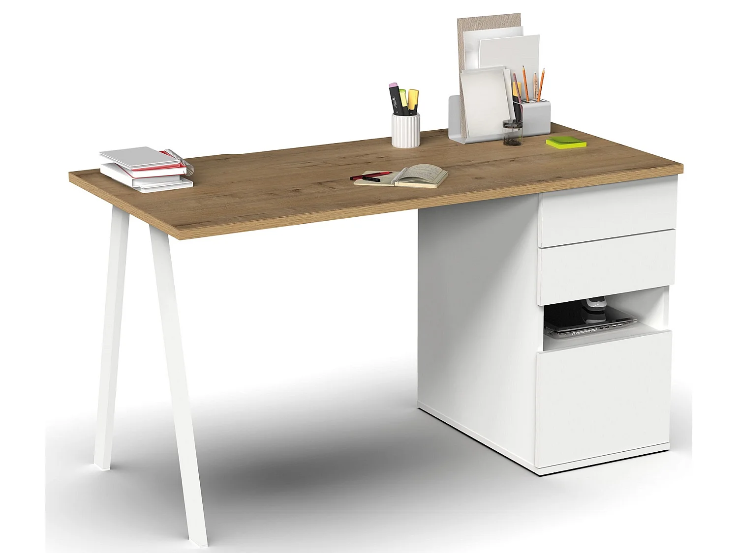 Escritorio, Mesa de Ordenador en aglomerado acabado Roble dorado con pies de metal Blanco - Longitud 137.5 x Profundidad 67 x Altura 76 cm