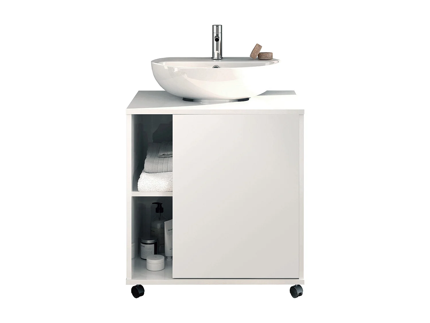 Tocador, Mueble bajo lavabo 1 puerta color Blanco brillante - Altura 64 x Longitud 59 x Profundidad 45 cm