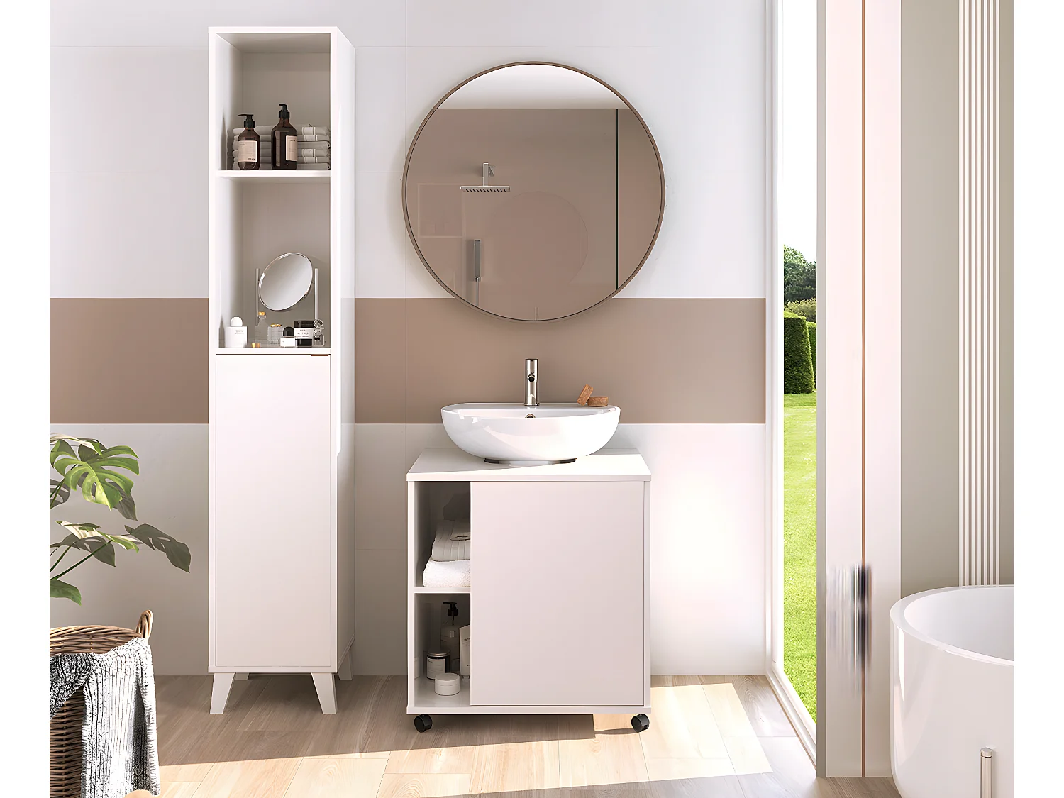 Tocador, Mueble bajo lavabo 1 puerta color Blanco brillante - Altura 64 x Longitud 59 x Profundidad 45 cm