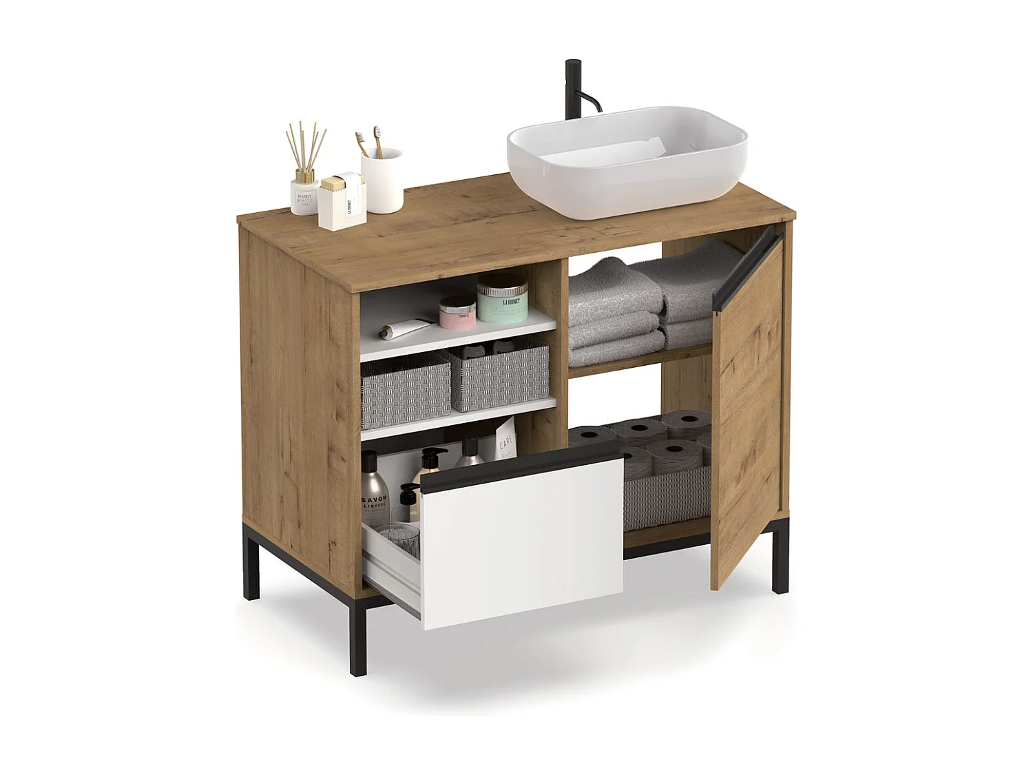 Mueble de Baño color Roble dorado / Pies Negros - Altura 81 x Longitud 100 x Profundidad 51 cm