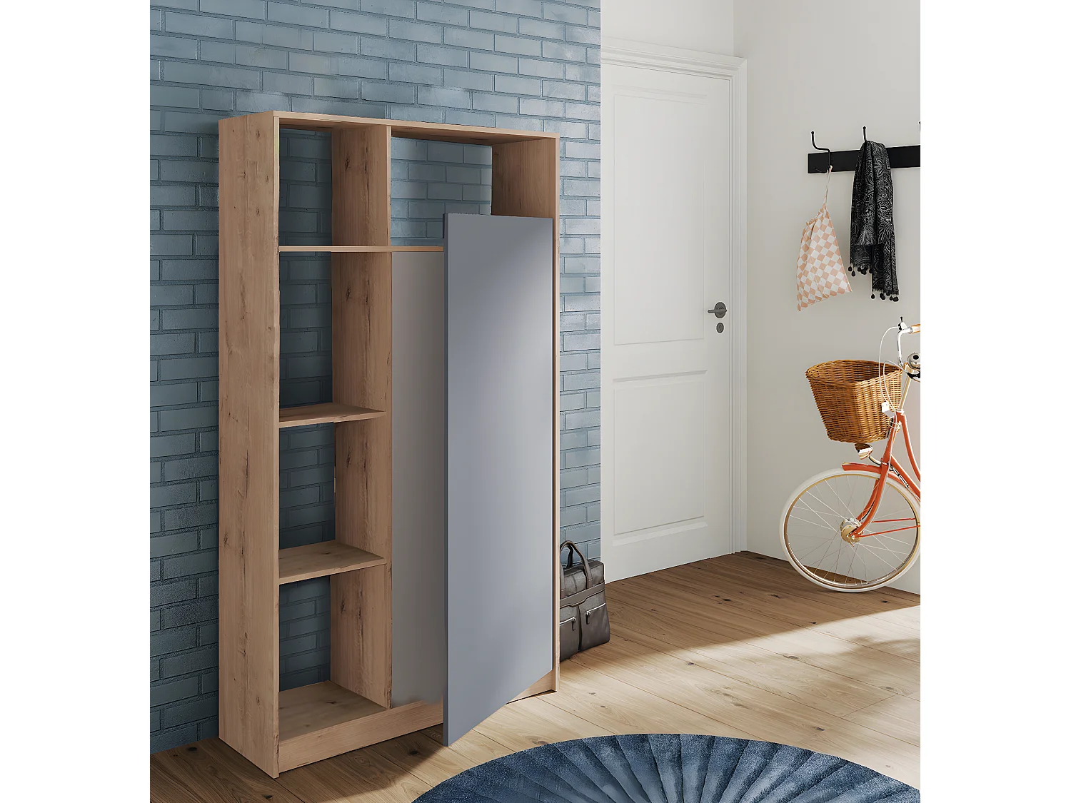 Armario / Mueble de almacenamiento color Roble dorado/Gris - Altura 180 x Longitud 100 x Profundidad 35 cm