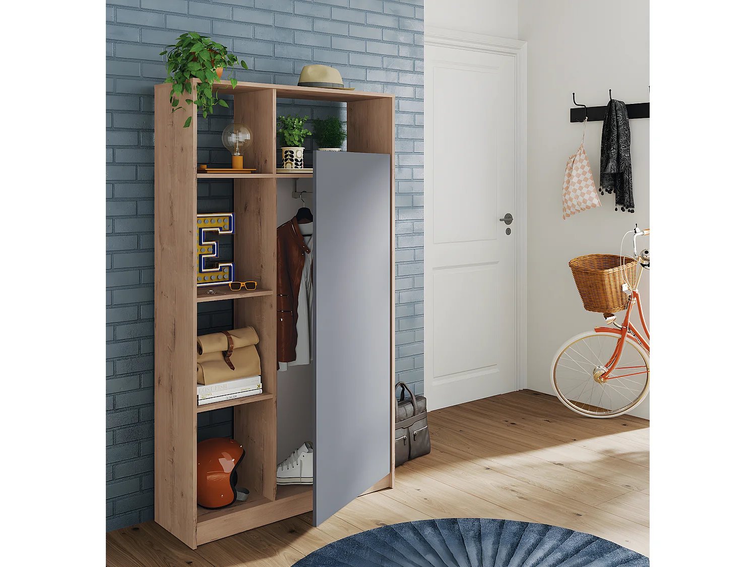 Armario / Mueble de almacenamiento color Roble dorado/Gris - Altura 180 x Longitud 100 x Profundidad 35 cm