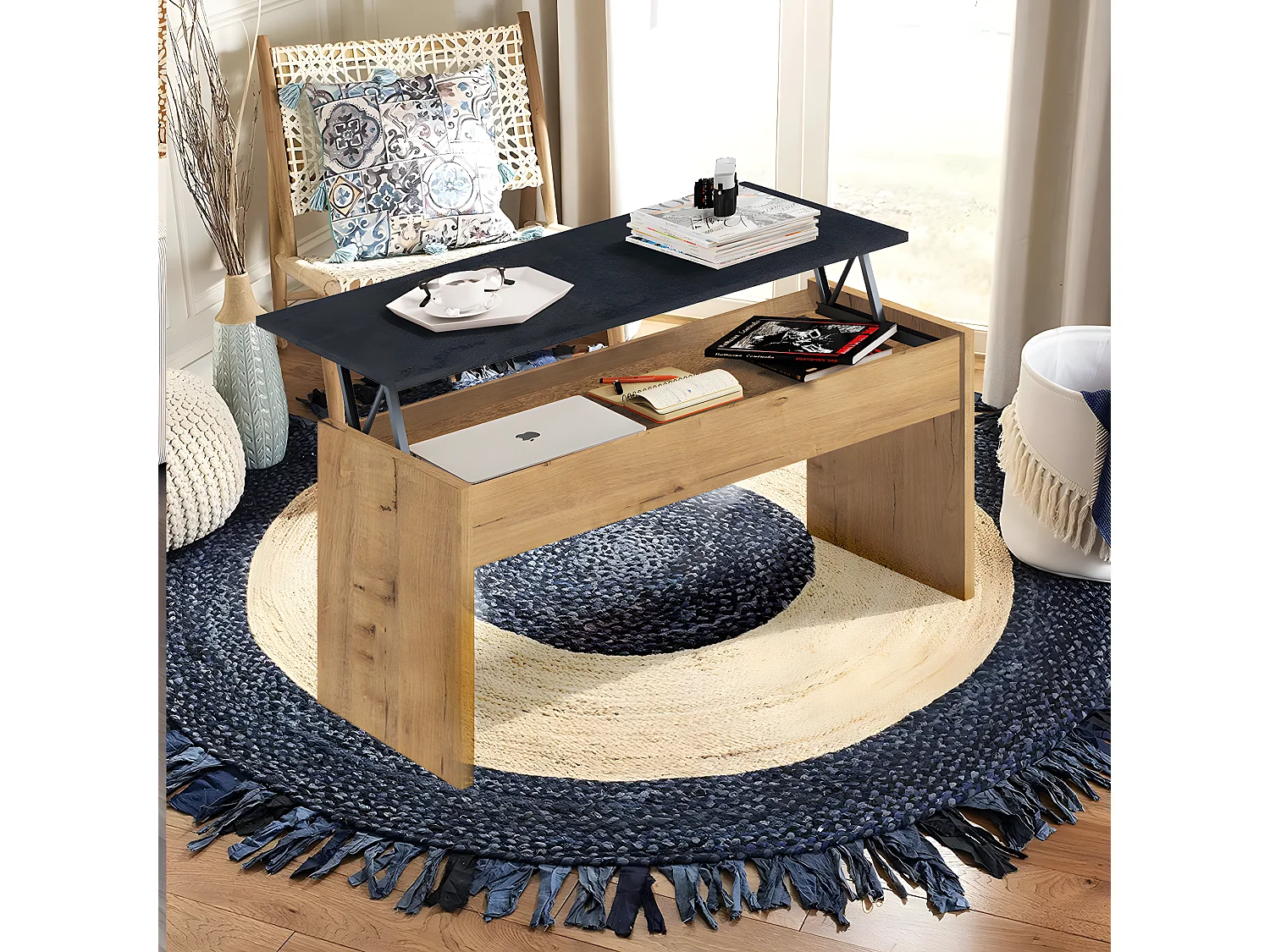 Mesa baja de centro elevable color Roble dorado/ Marbre - Altura 47-58 x Longitud 100 x Profundidad 50 cm