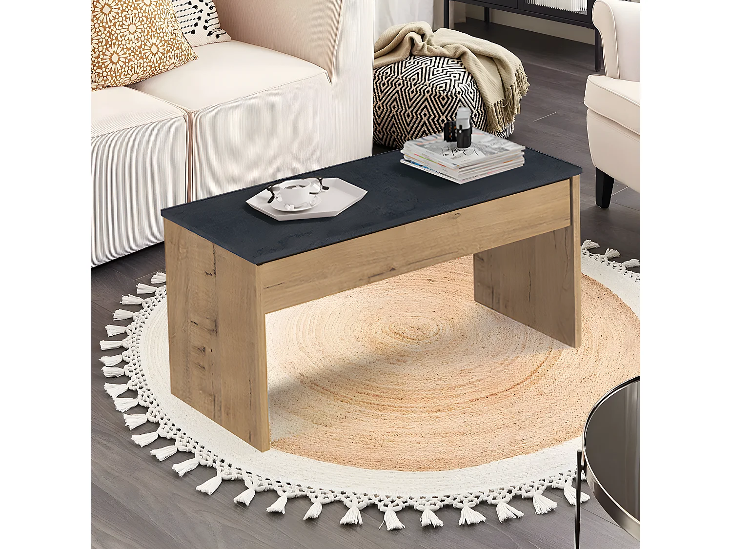 Mesa baja de centro elevable color Roble dorado/ Marbre - Altura 47-58 x Longitud 100 x Profundidad 50 cm