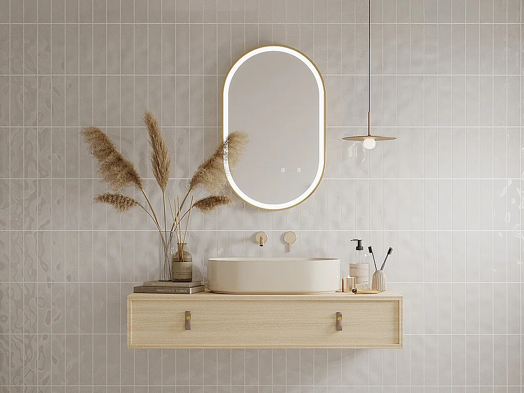 Miroir de salle de bain lumineux ovale anti buée avec contour doré - 50 x 80 cm - ALARICO