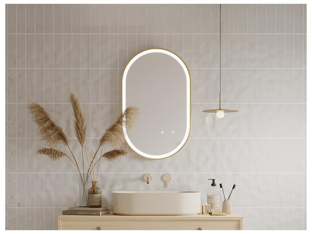 Miroir de salle de bain lumineux ovale anti buée avec contour doré - 50 x 80 cm - ALARICO