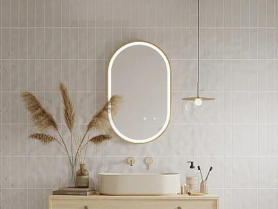 Badezimmerspiegel oval mit Beleuchtung - beschlagfrei - 50 x 80 cm - Goldfarbene Kontur - ALARICO