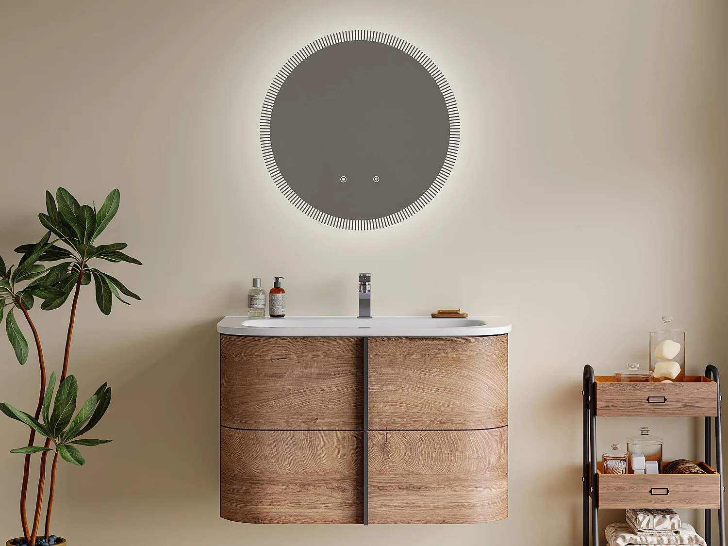 Miroir de salle de bain lumineux soleil avec anti buée et bouton tactile - D60 cm - VERECIO