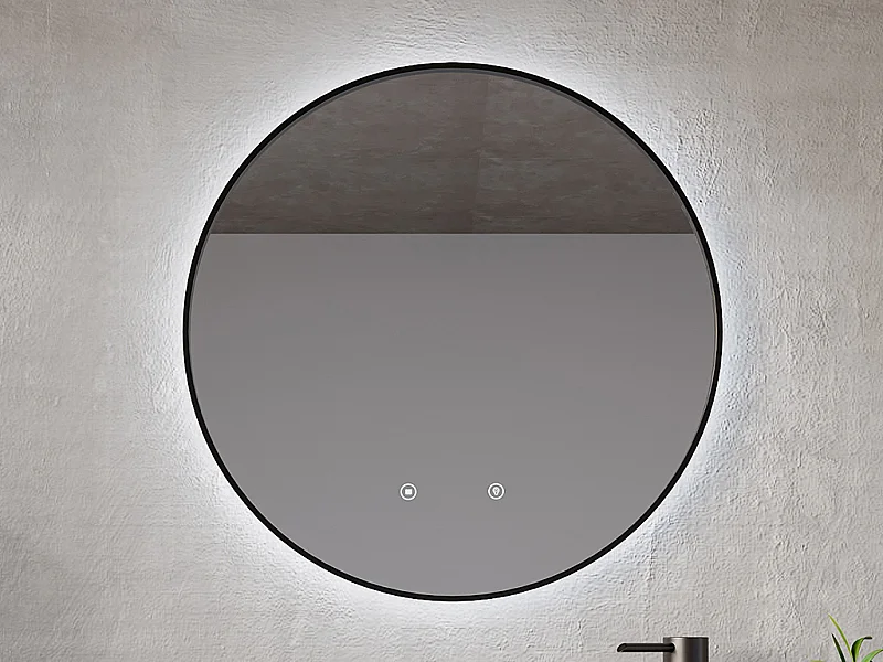 Miroir de salle de bain lumineux rond anti buée avec contour noir - D60 cm - PEONIA