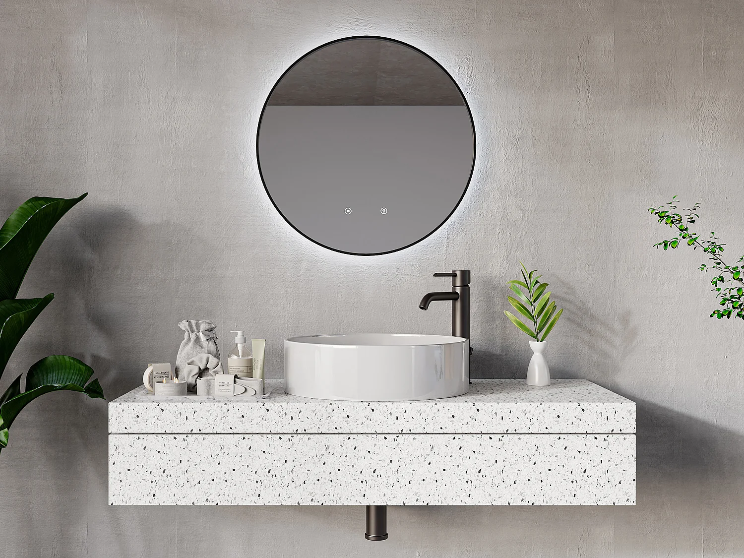 Miroir de salle de bain lumineux rond anti buée avec contour noir - D60 cm - PEONIA