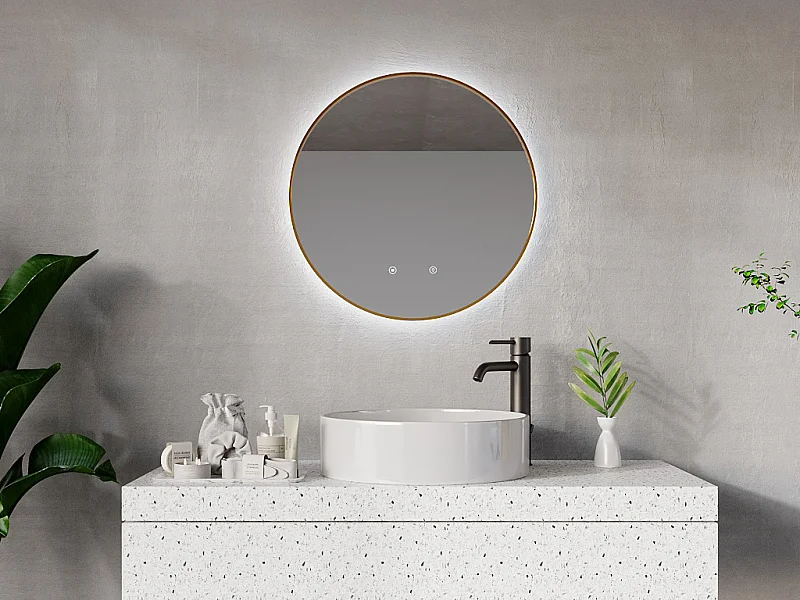 Miroir de salle de bain lumineux rond anti buée avec contour doré - D60 cm - PEONIA