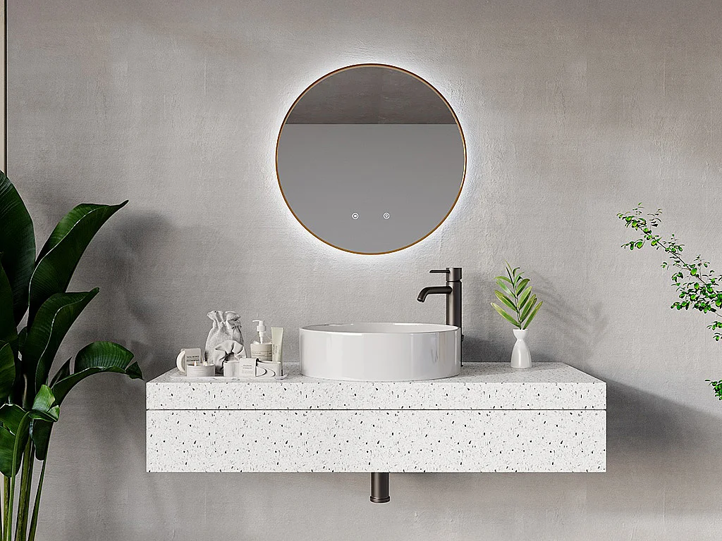 Miroir de salle de bain lumineux rond anti buée avec contour doré - D60 cm - PEONIA