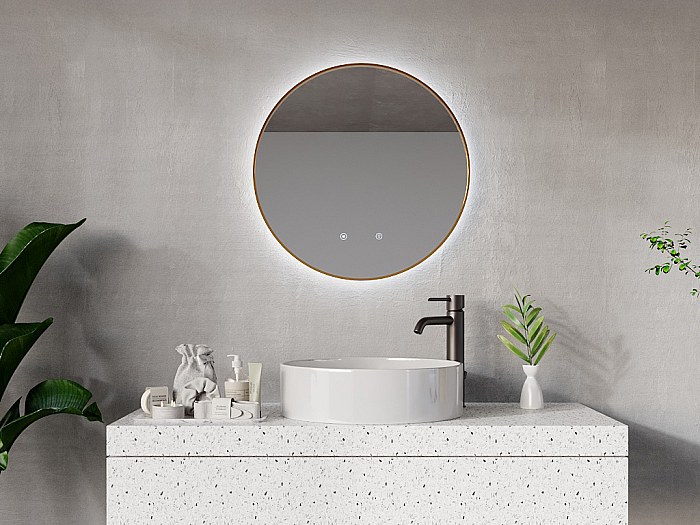 Miroir de salle de bain lumineux rond anti buée avec contour doré- D60