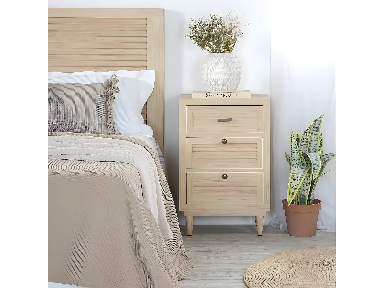 Comodino legno massello, pannello in mdf e impiallacciatura  naturale 37x69