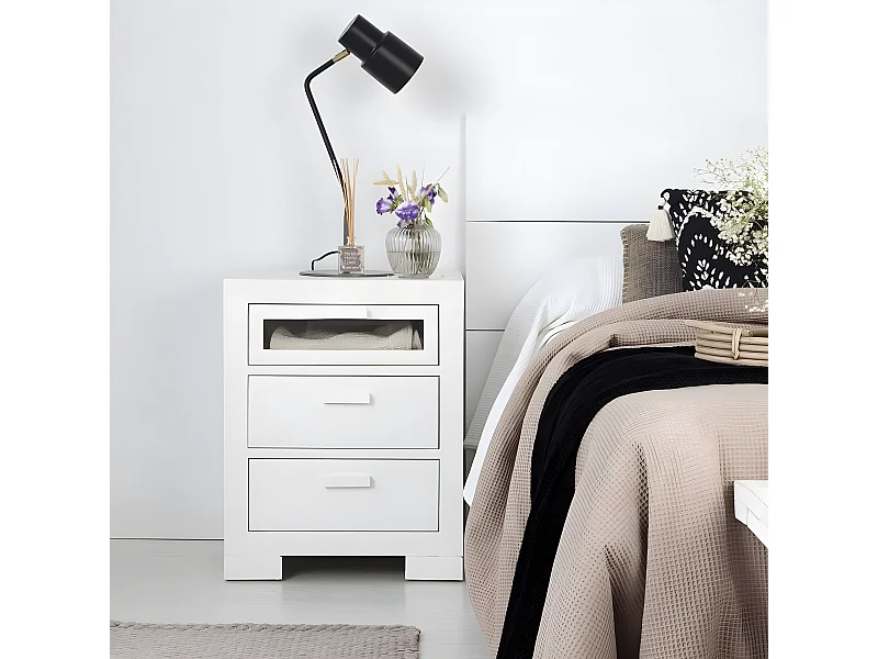 Comodino legno massello e pannello in mdf bianco 40x63