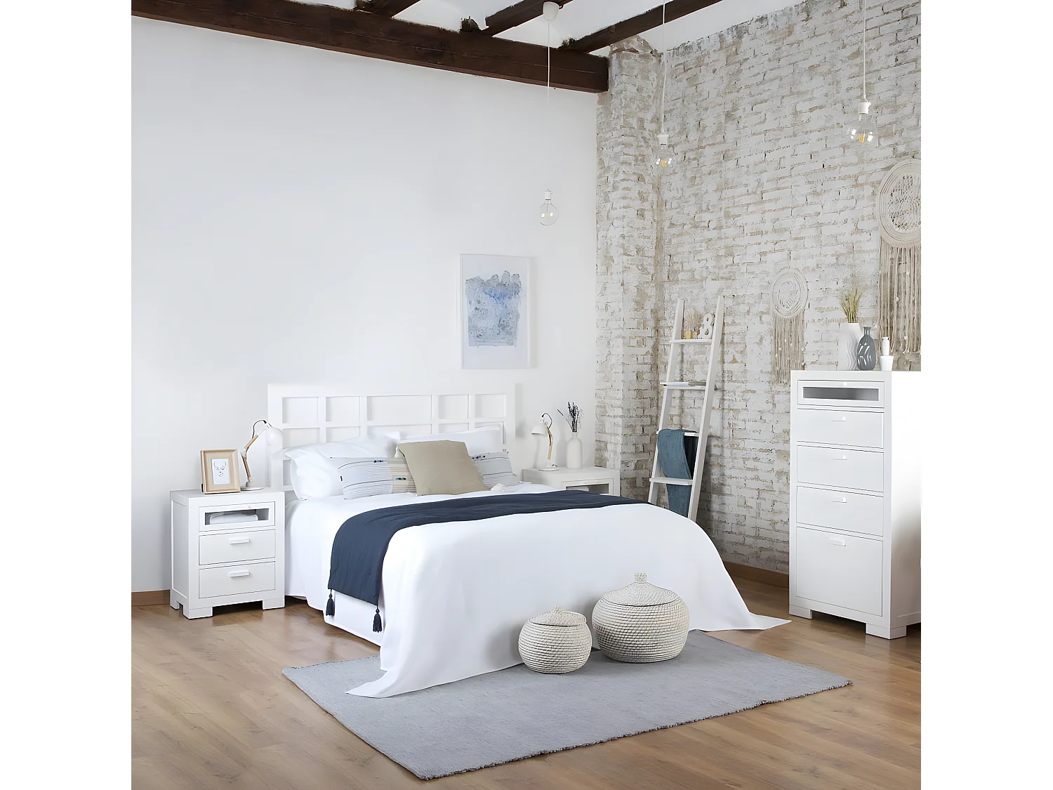 Comodino legno massello e pannello in mdf bianco 40x63