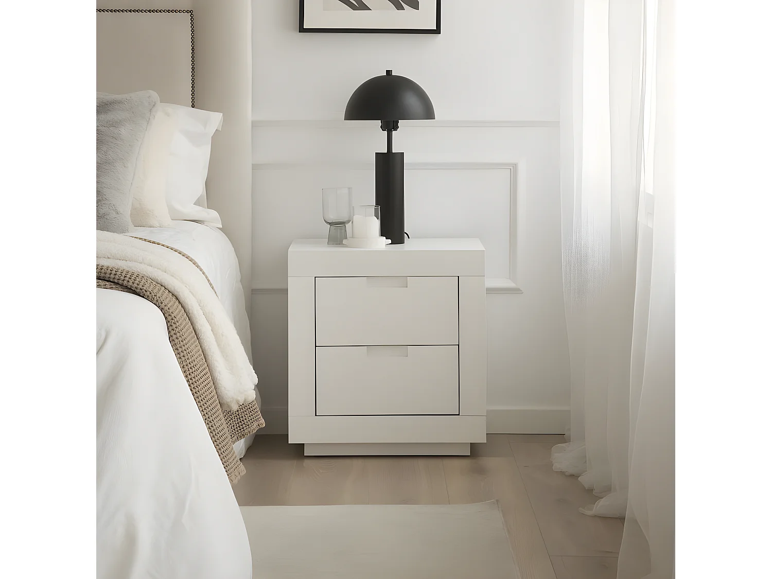 Table de chevet en bois massif blanc 52x55