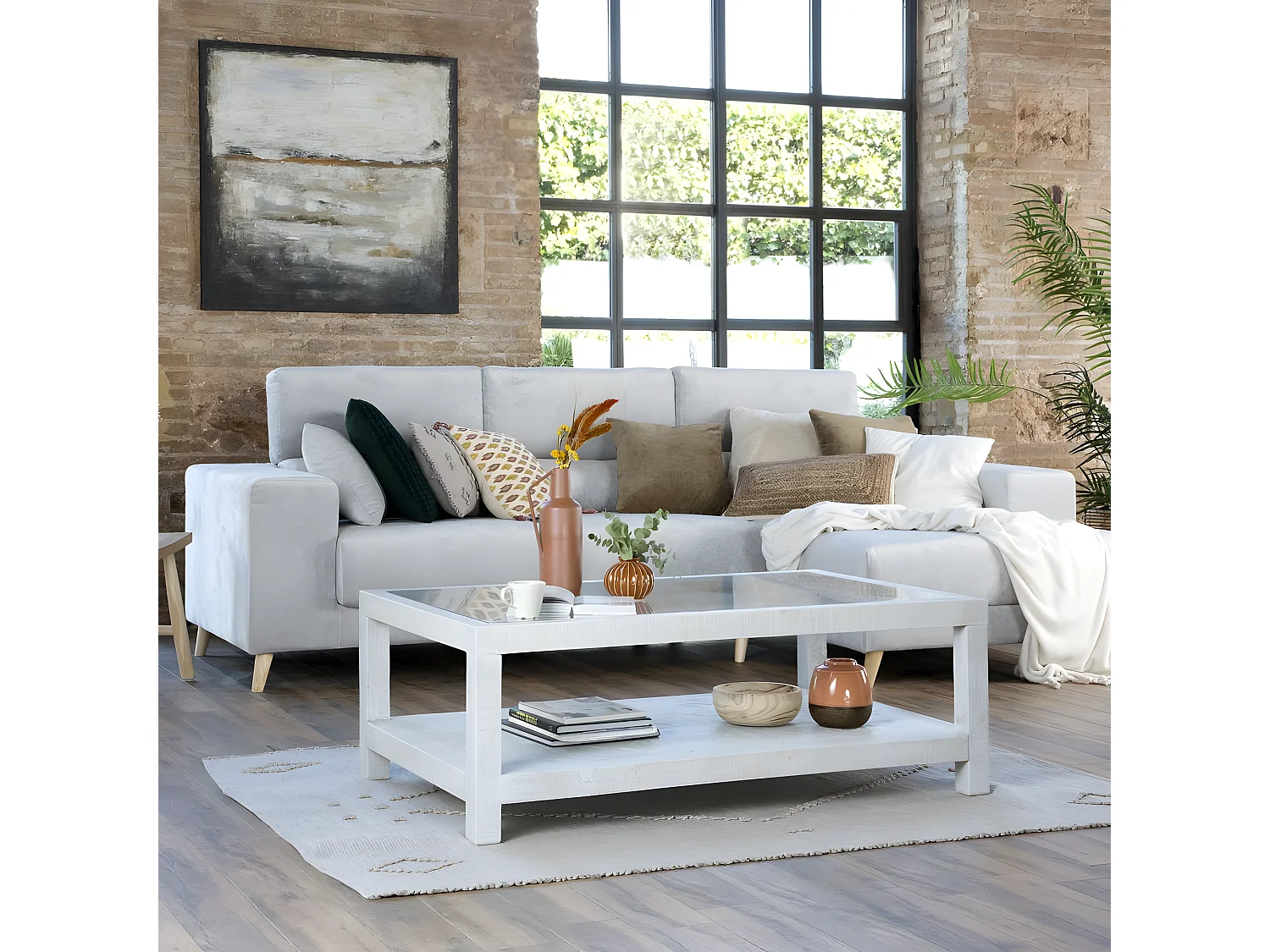 Table basse en bois massif blanc 127x45