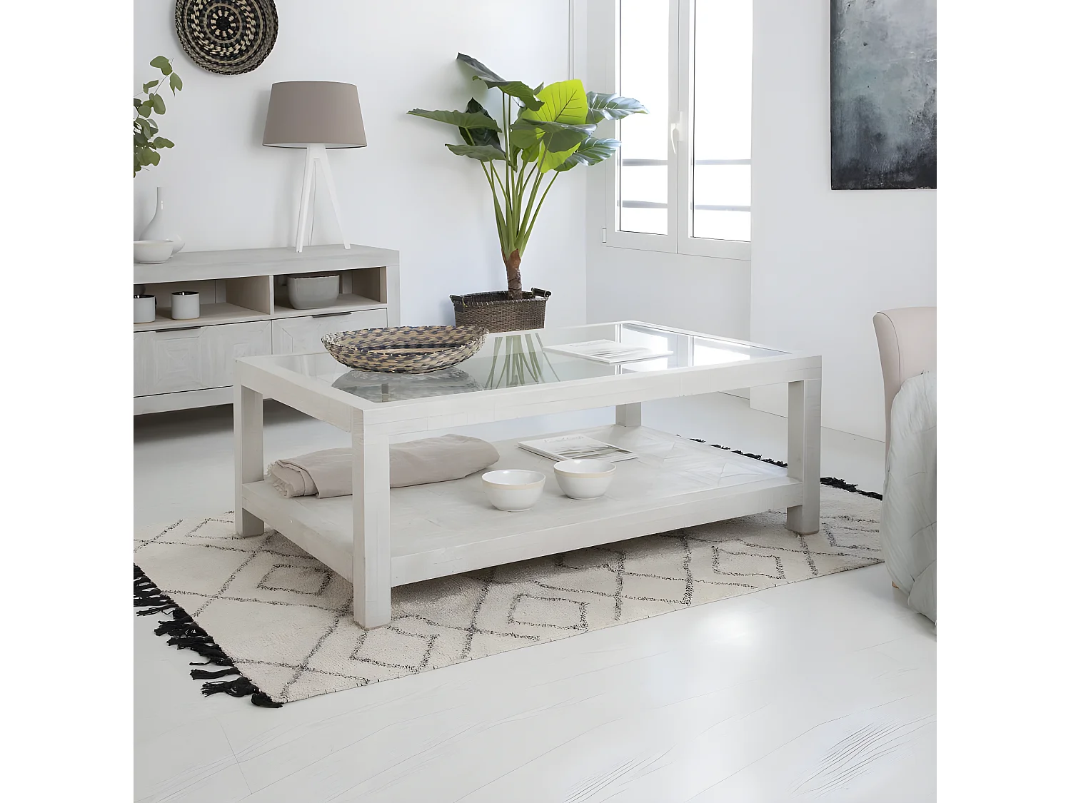 Table basse en bois massif blanc 127x45