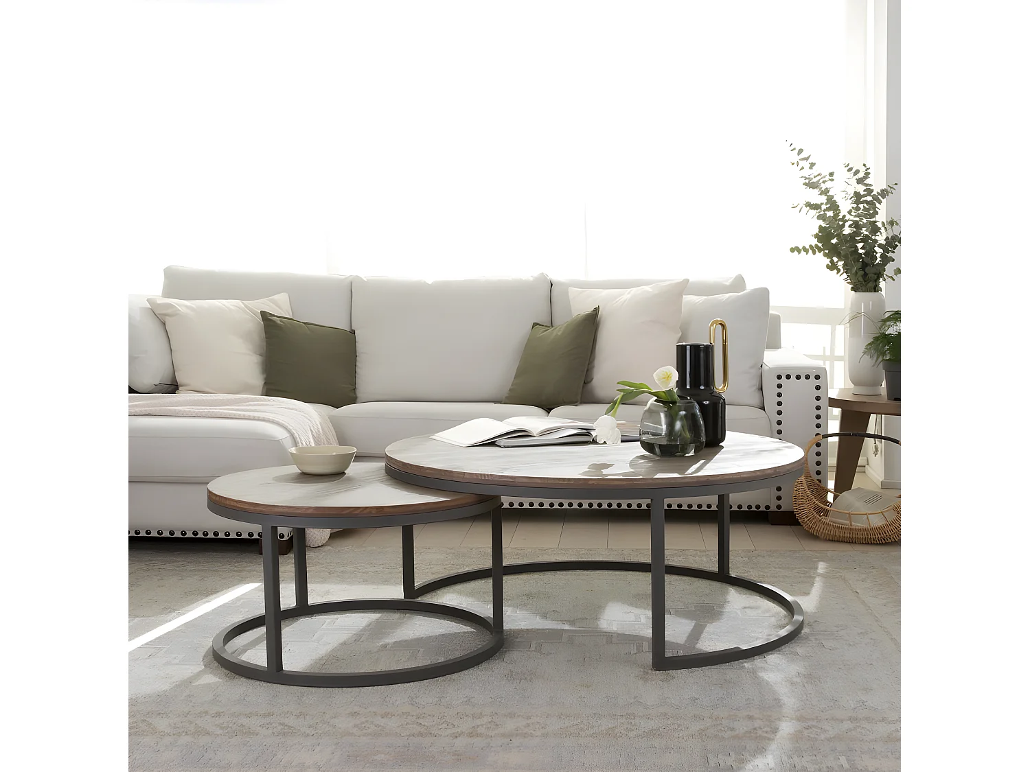 Set di 2 tavolini da salotto tavola in legno massello e tavola in mdf naturale 110x45