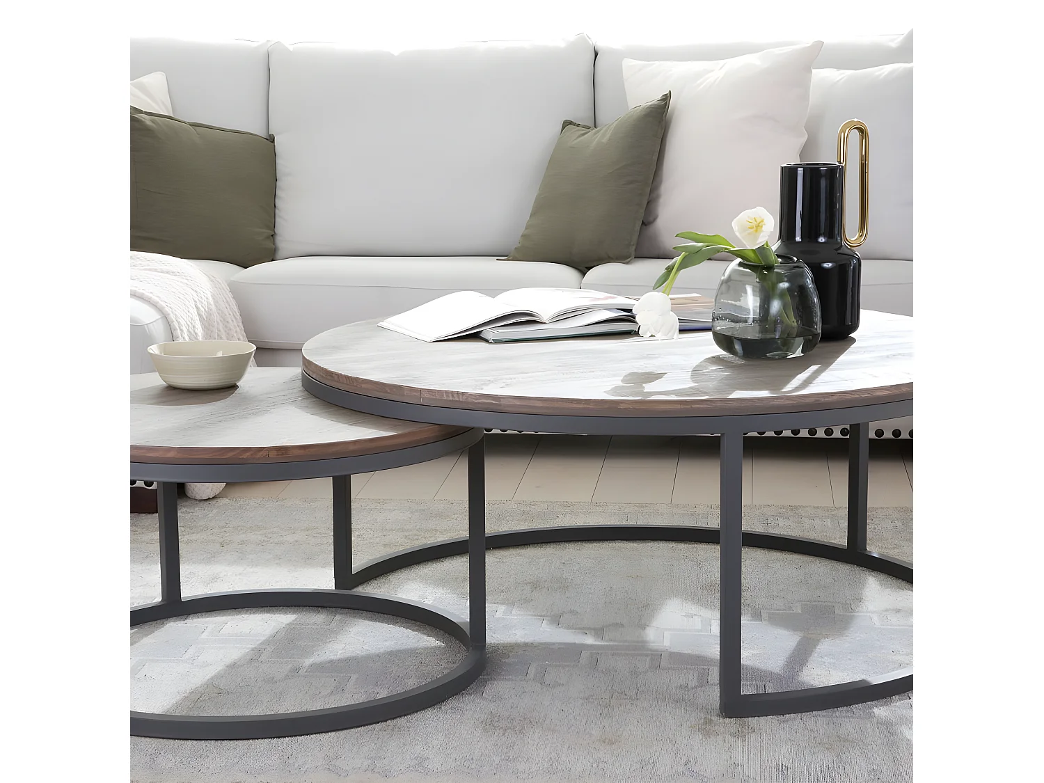 Set di 2 tavolini da salotto tavola in legno massello e tavola in mdf naturale 110x45