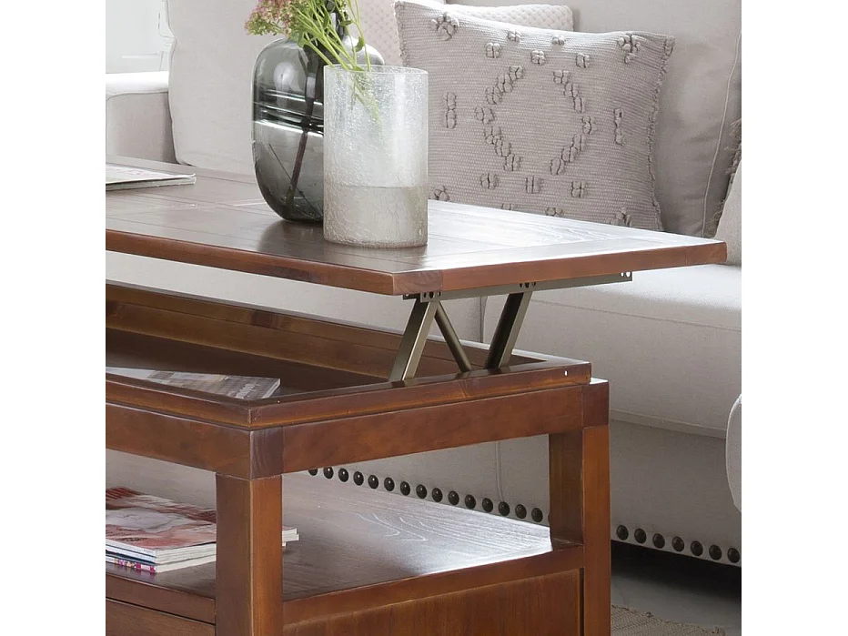 Tavolino da salotto con piano sollevabile legno massello e impiallacciatura naturale di mindi Tek 60x46