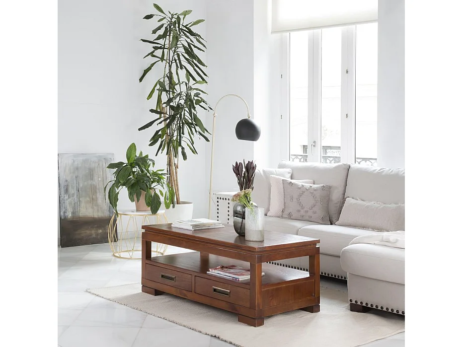 Tavolino da salotto con piano sollevabile legno massello e impiallacciatura naturale di mindi Tek 60x46