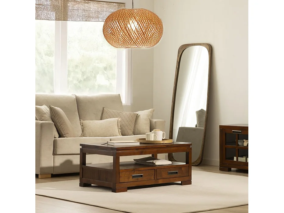 Tavolino da salotto con piano sollevabile legno massello e impiallacciatura naturale di mindi Tek 60x46