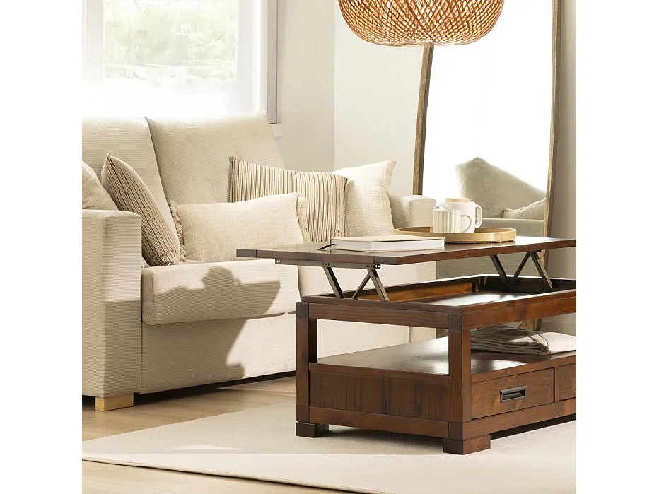 Tavolino da salotto con piano sollevabile legno massello e impiallacciatura naturale di mindi Tek 60x46