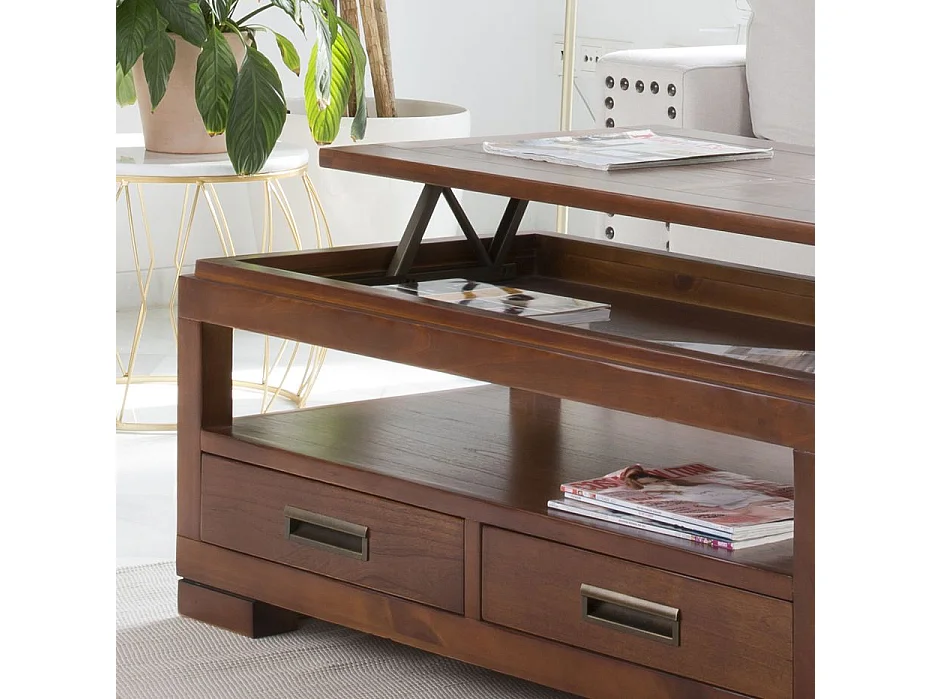 Tavolino da salotto con piano sollevabile legno massello e impiallacciatura naturale di mindi Tek 60x46