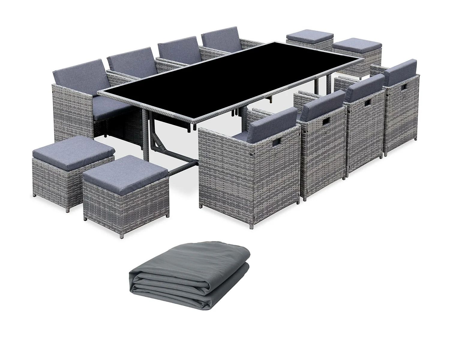 Mesa de jardín encastrable de resina trenzada 12 sillones + funda
