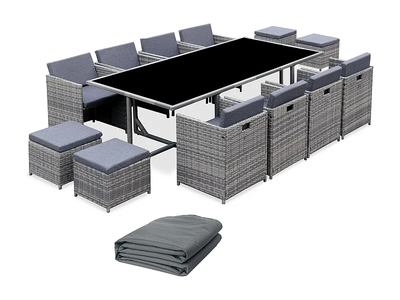 Mesa de jardín encastrable de resina trenzada 12 sillones + funda