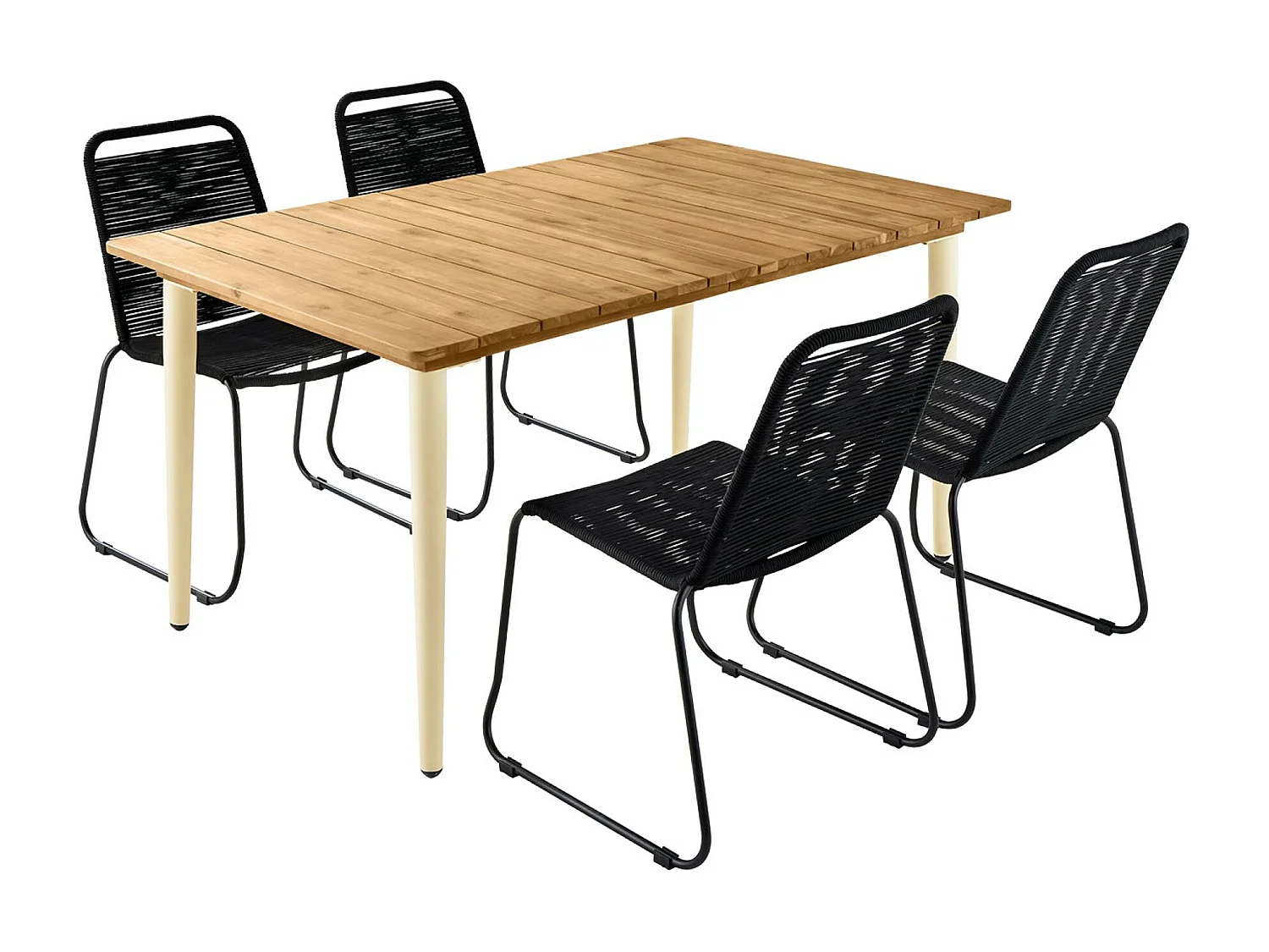 Table de jardin MARINGA bois et métal ivoire 150cm + 4 chaises de jardin en corde noire BRASILIA. empilables