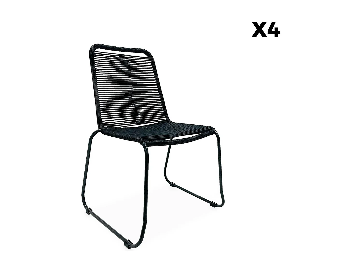 Table de jardin MARINGA bois et métal ivoire 150cm + 4 chaises de jardin en corde noire BRASILIA. empilables