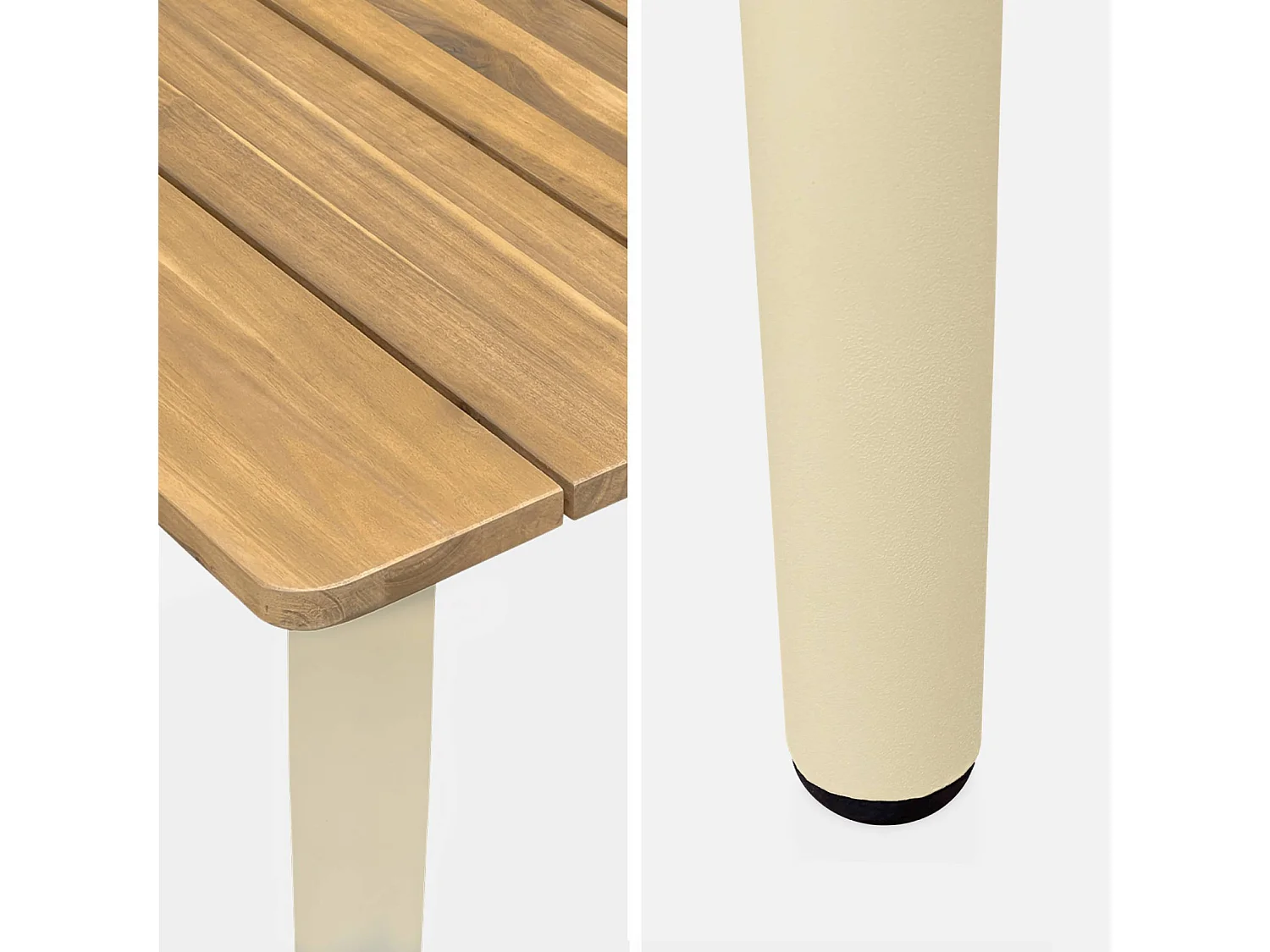 Table de jardin MARINGA bois et métal ivoire 150cm + 4 chaises de jardin en corde noire BRASILIA. empilables