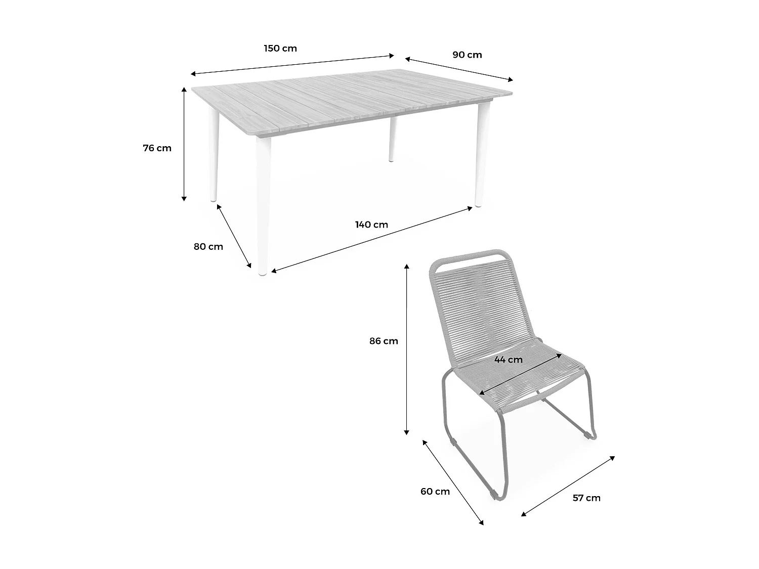 Table de jardin MARINGA bois et métal ivoire 150cm + 4 chaises de jardin en corde noire BRASILIA. empilables