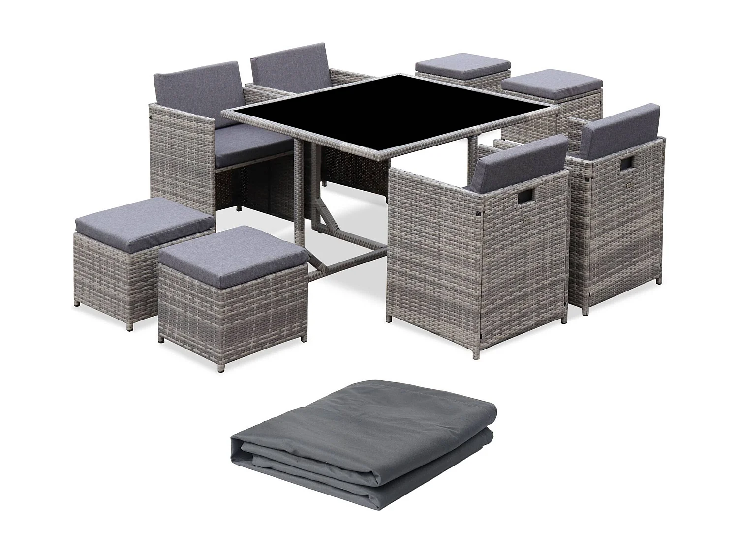 Table de jardin encastrable résine tressée + 8 assises + Housse de protection coussins gris chiné. table encastrable