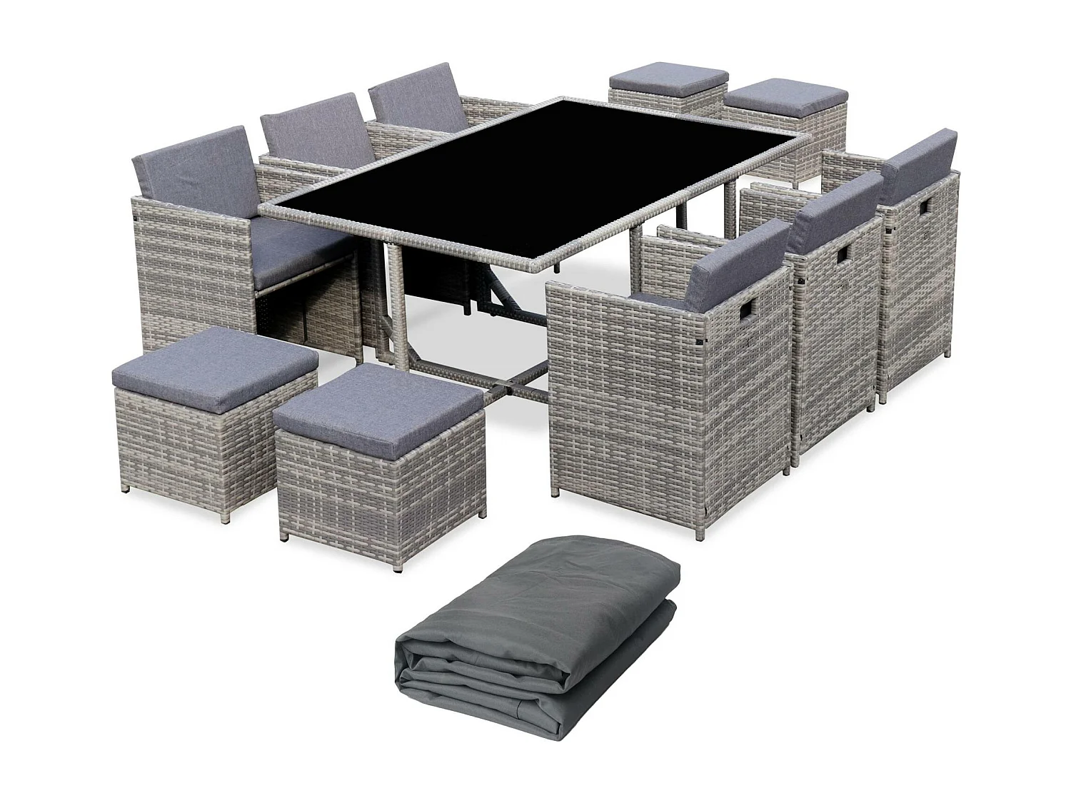 Mesa de jardín encastrable resina con 10 sillones + cobertor varios