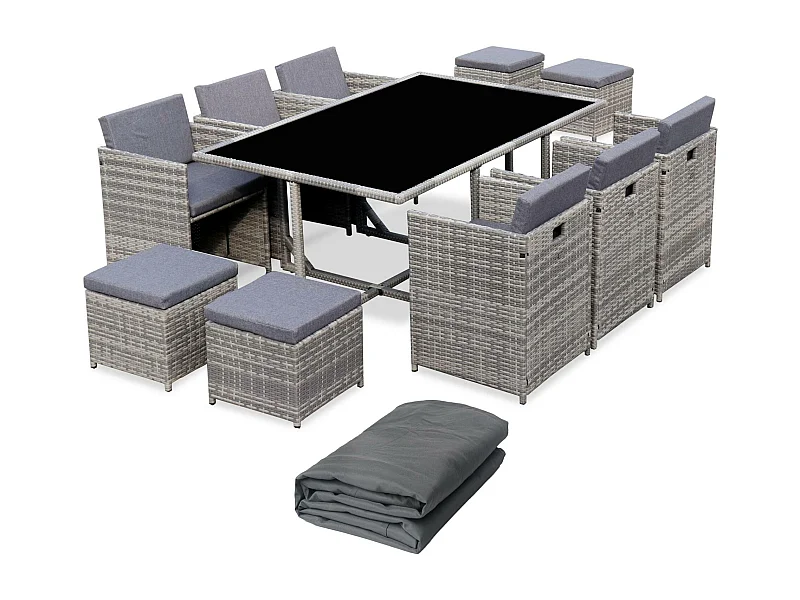Mesa de jardín encastrable resina con 10 sillones + cobertor varios