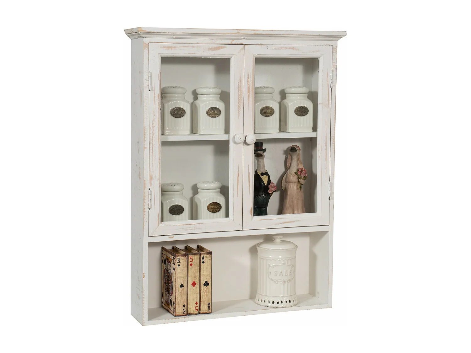 Caisson de cuisine 63x48x12 cm meuble haut - 3 étagères - 2 Portes Vitrées - Blanc Antique - HARMONIE - Meuble de salle de bain suspendu