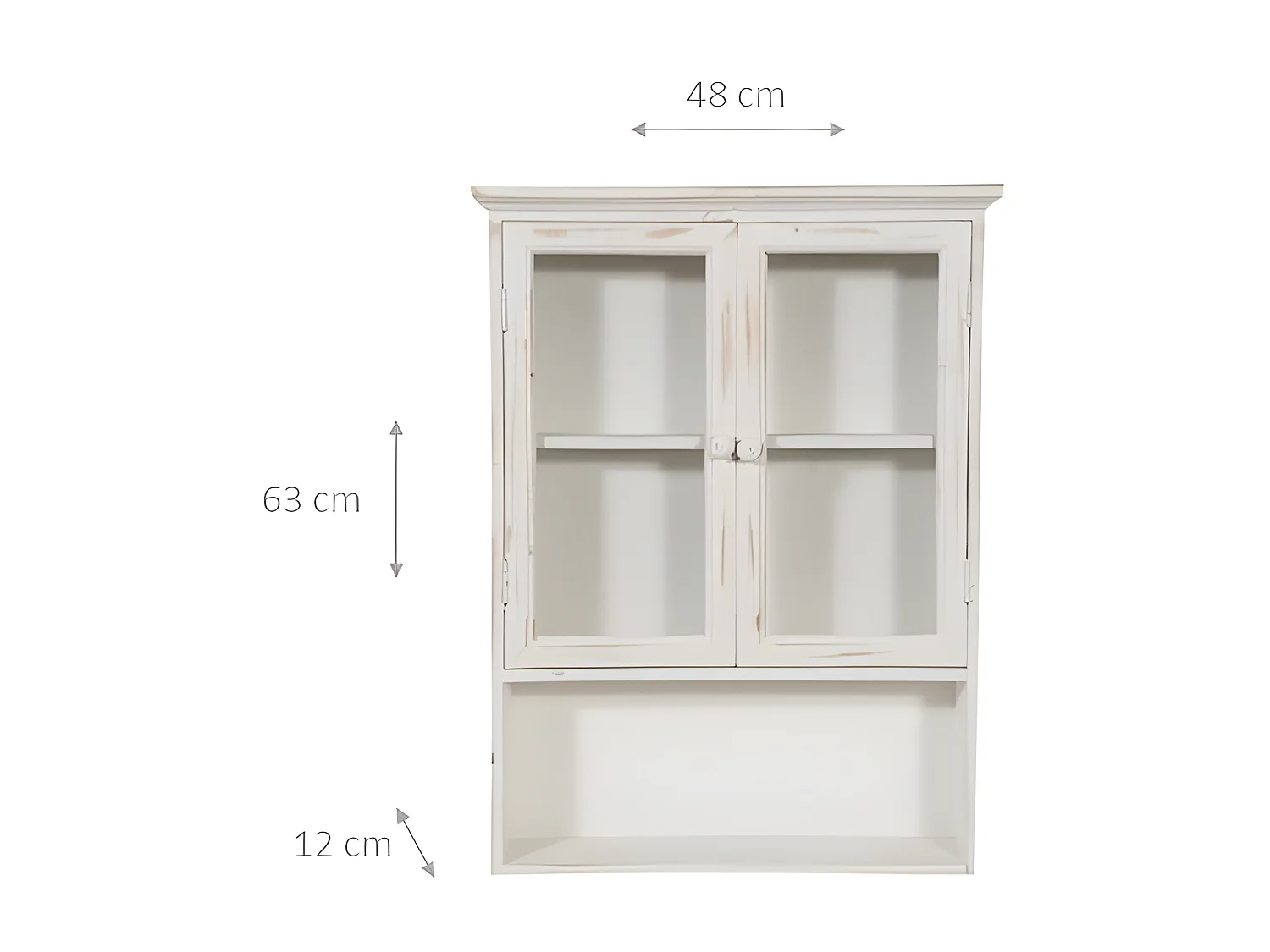 Caisson de cuisine 63x48x12 cm meuble haut - 3 étagères - 2 Portes Vitrées - Blanc Antique - HARMONIE - Meuble de salle de bain suspendu
